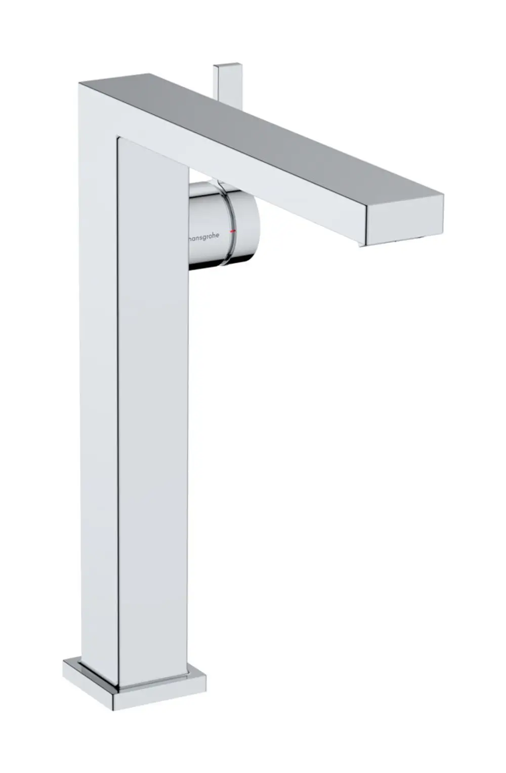 Einhebel-Waschtischmischer aus verchromtem Metall mit quadratischem Design und seitlichem Hebel, hergestellt von Hansgrohe. Geeignet für Aufsatzwaschtische.